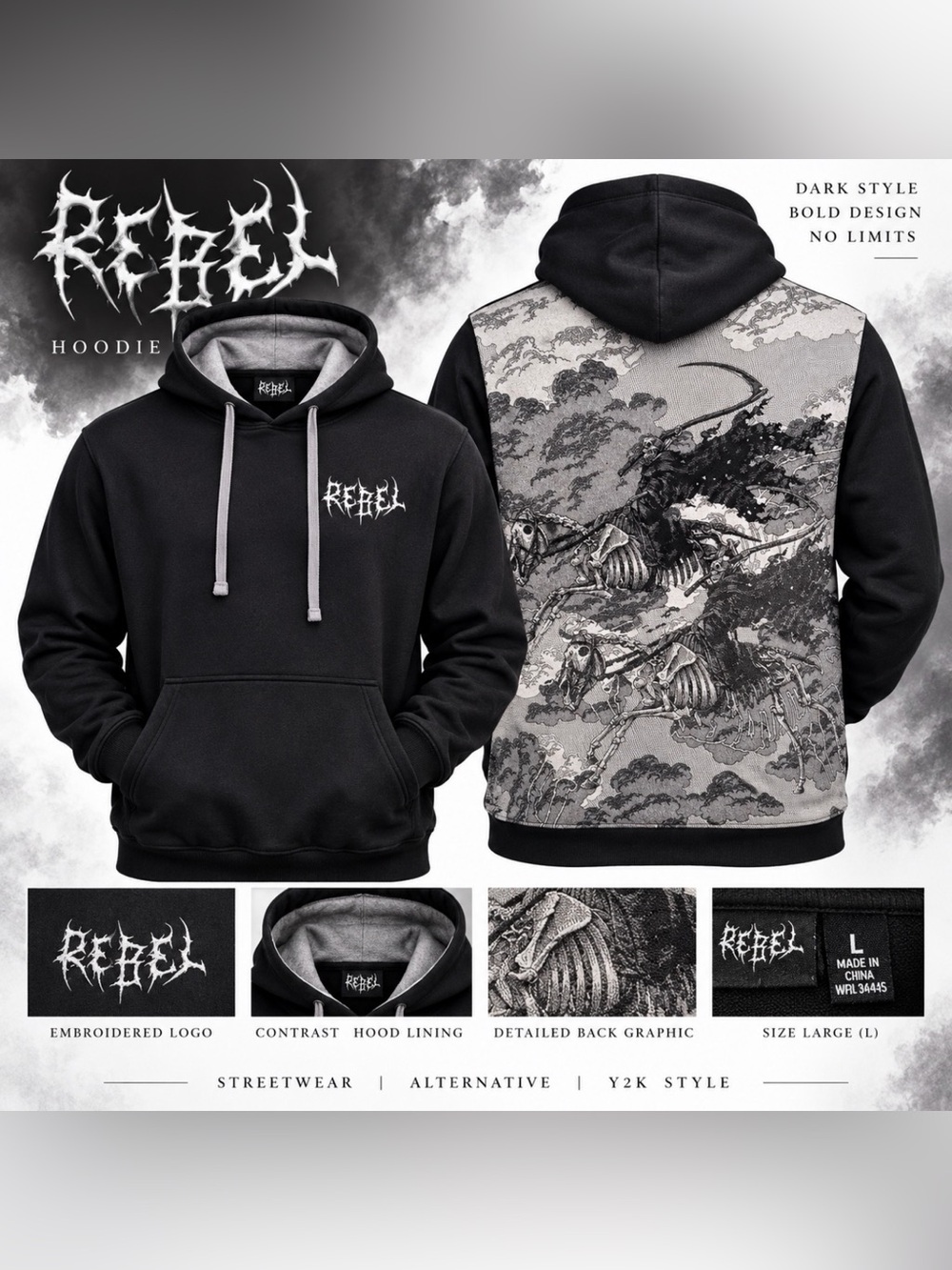 REBEL Skeleton Horse Reaper Graphic Hoodie Black Gray Men’s Large L